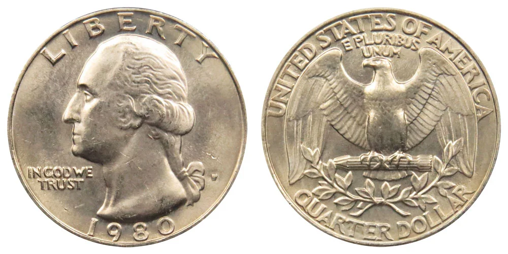 1980 Washington quarter obverse and reverse showing P and D mint marks