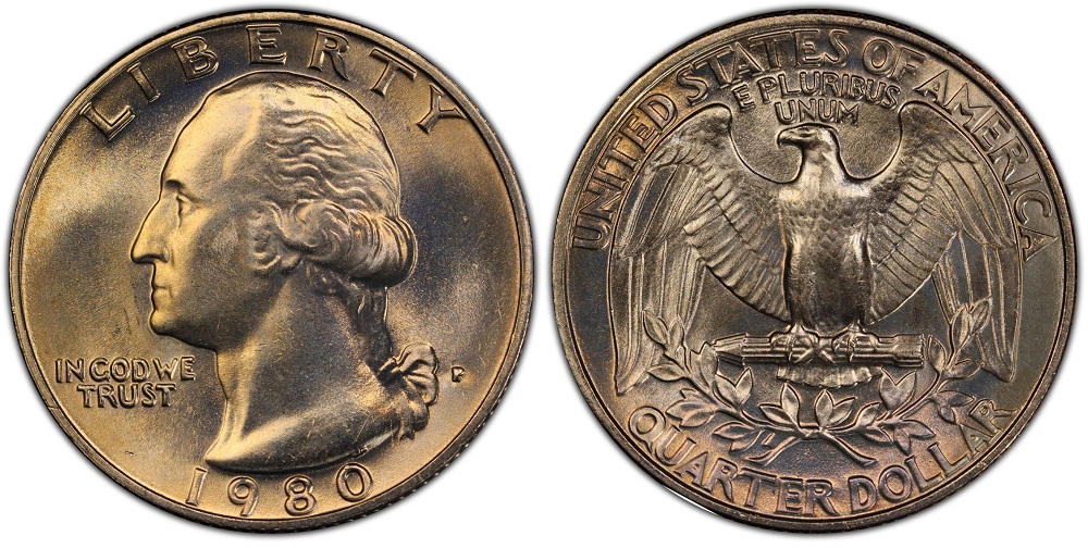 1980 Washington quarter grading strip showing four condition tiers from worn through gem uncirculated
