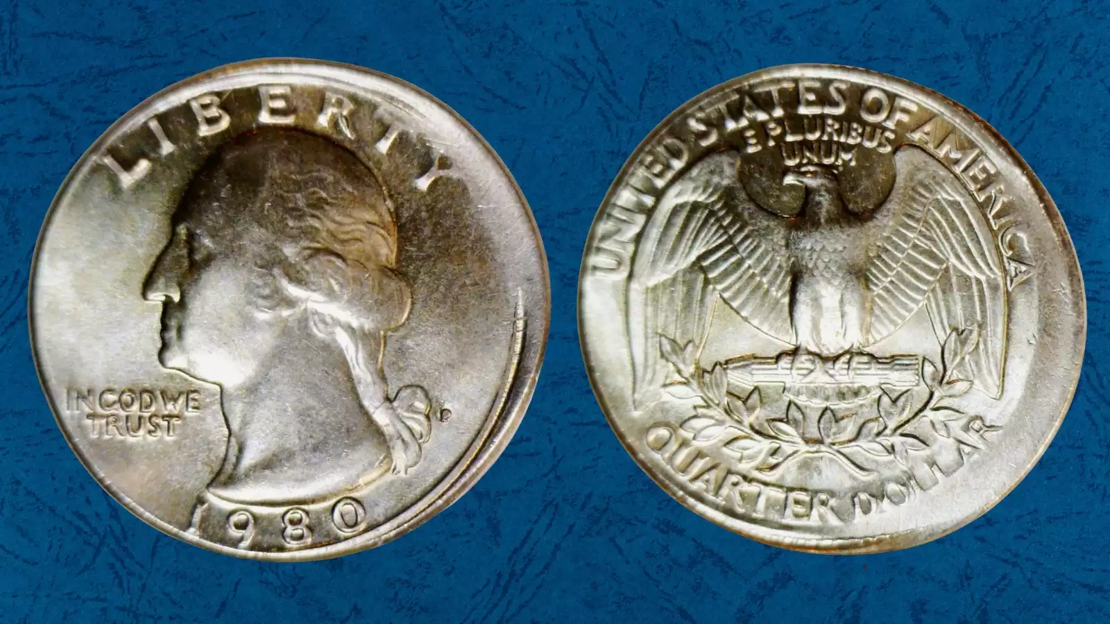 1980 Washington quarter with dramatic off-center strike showing blank crescent area and visible 1980 date